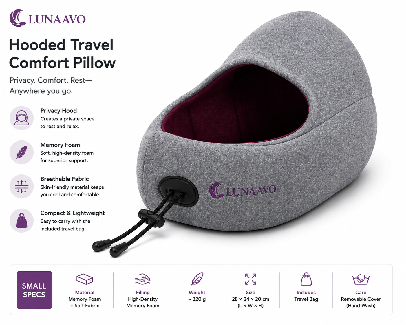 LUNAAVO Hooded Travel Comfort Pillow - Image 2